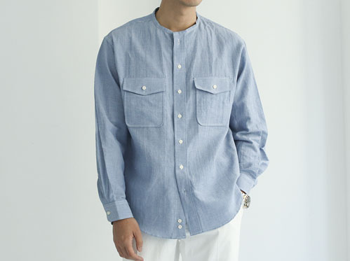 넘버세븐 세미오버핏 린넨 노카라 투포켓 셔츠(3color)
